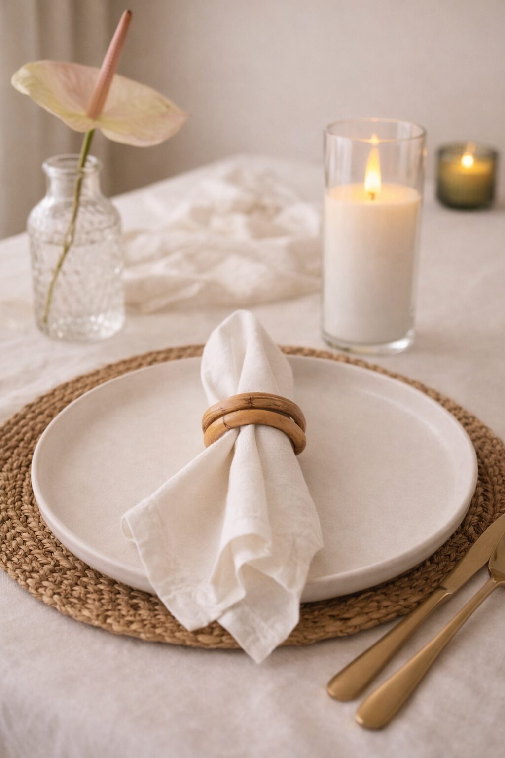 Lugar à mesa com guardanapo de linho e anel de rattan