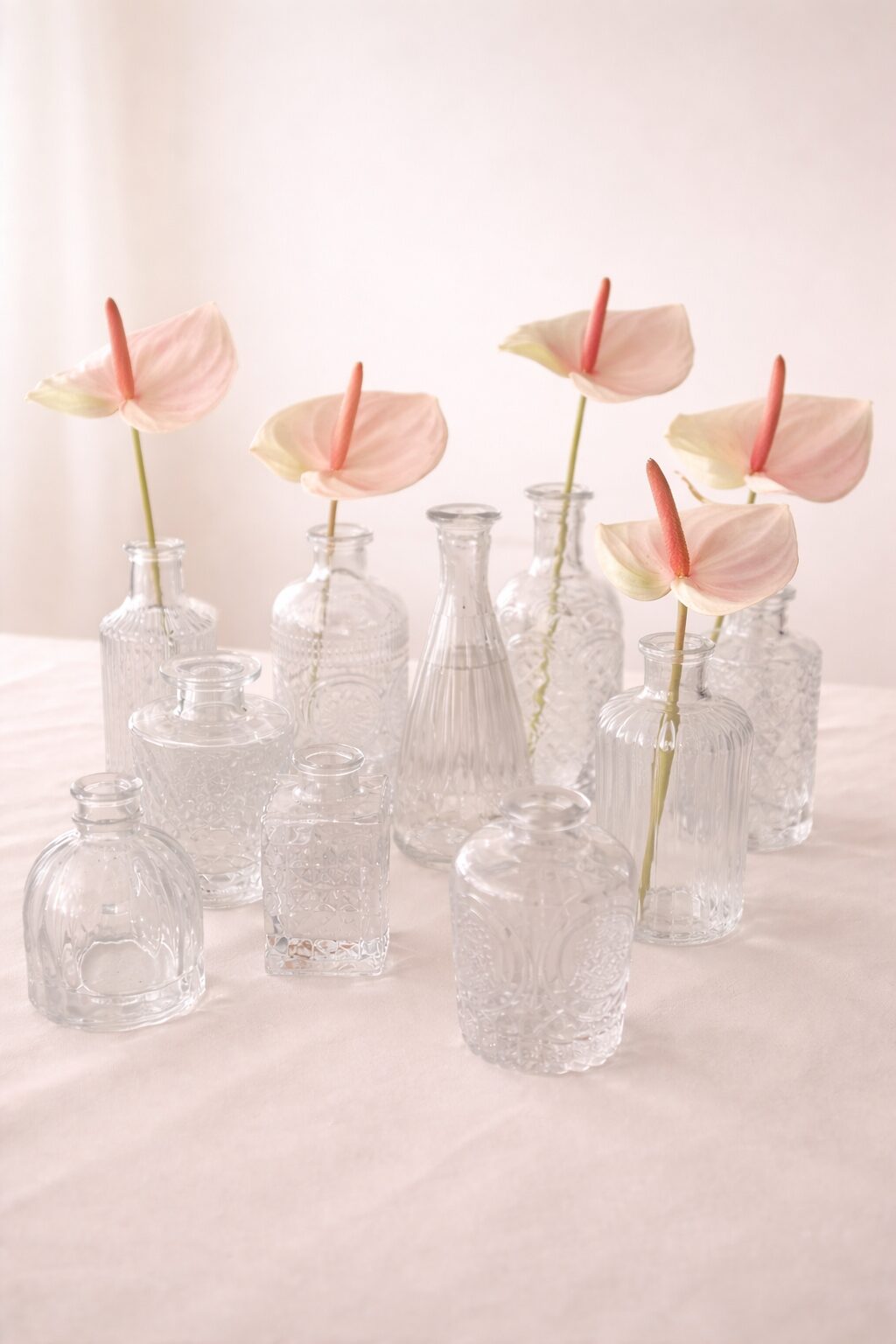Bud vases de vidro transparente com antúrios rosa-claro