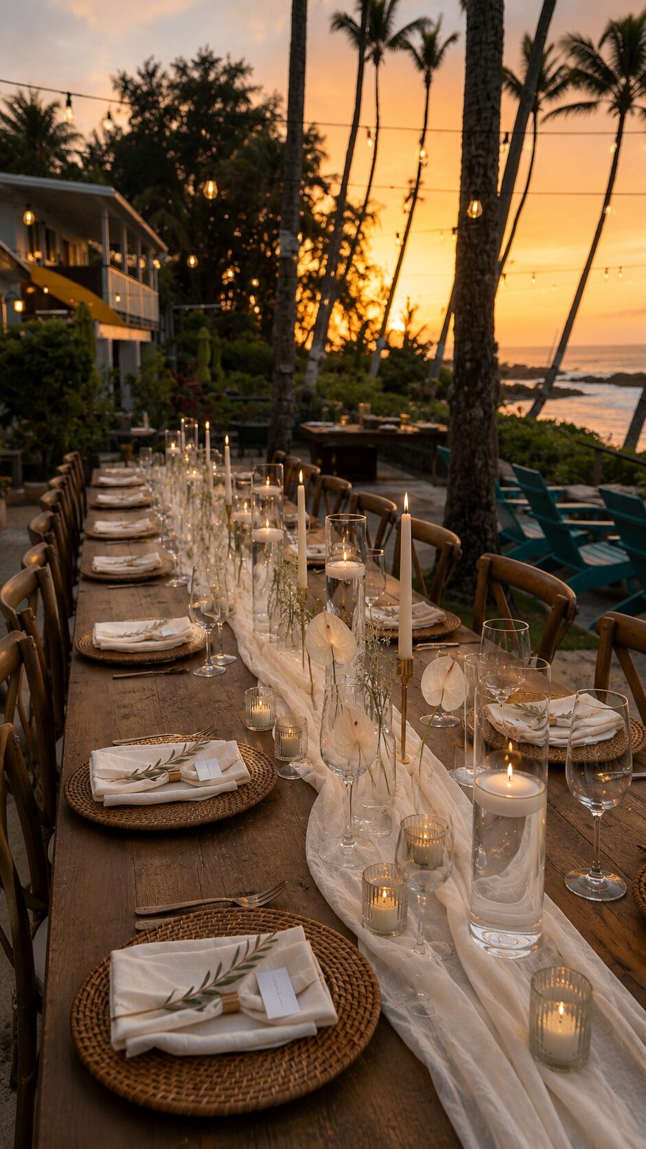 Mesa longa de jantar à beira-mar ao pôr do sol com velas taper e cordões de luz