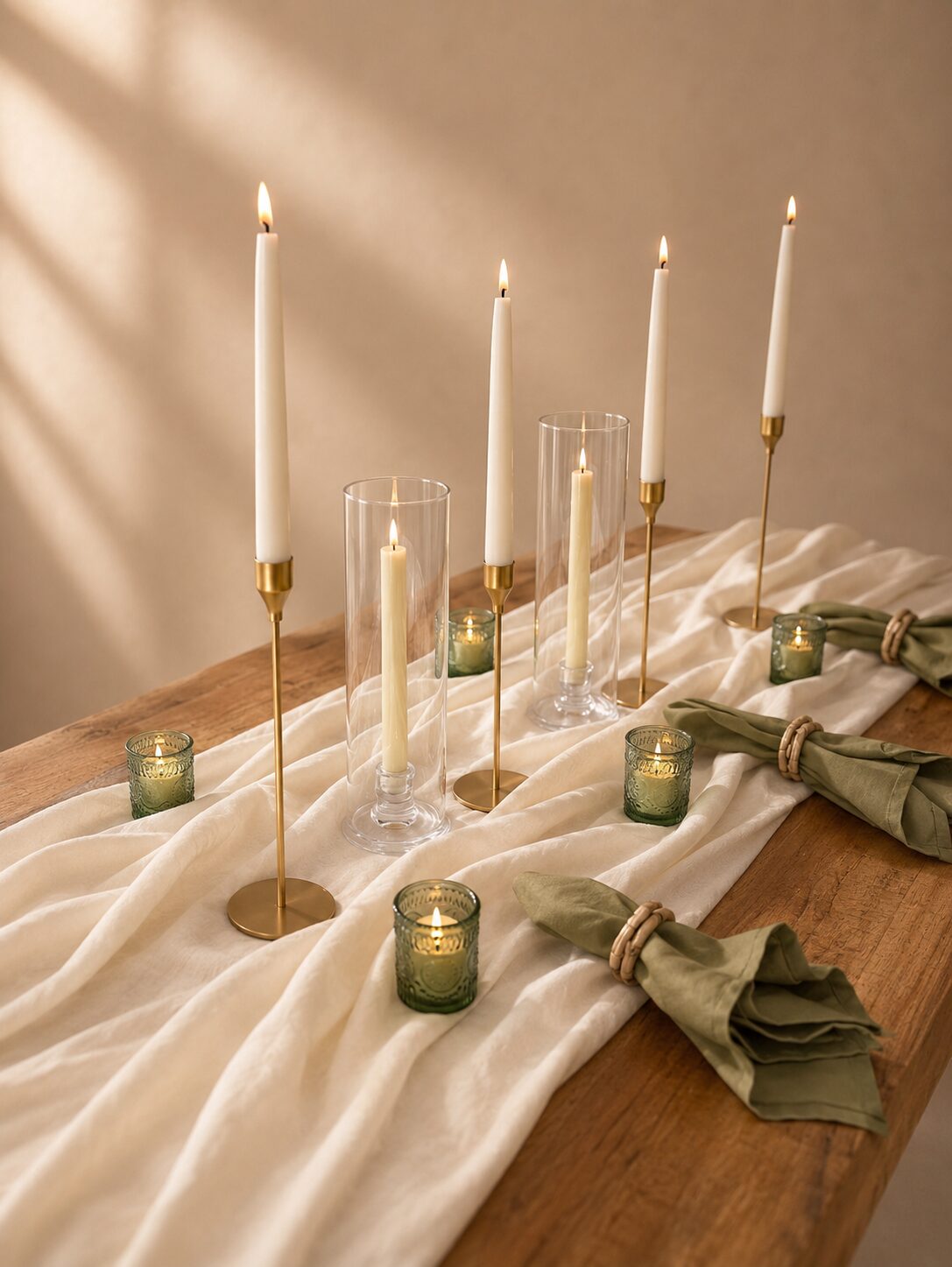 Mesa de madeira com runner de gaze creme, velas taper, hurricanes e guardanapos verde sálvia